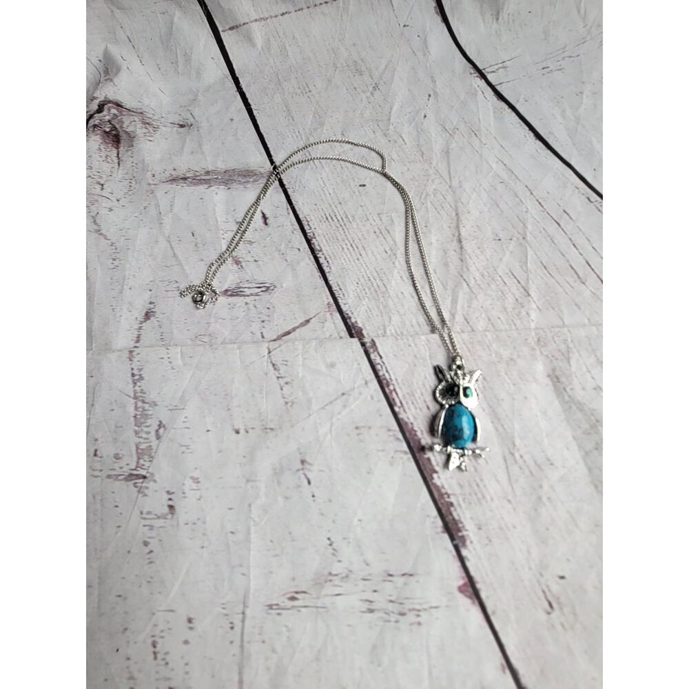 Owl Pendant Necklace Rhinestones Faux Turquoise Costume Symbol of Wisdom